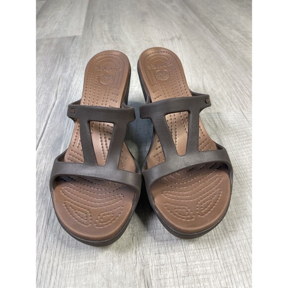 CROCS Women's Cyprus II Strappy Slip On Heels Shoes Size 10 Chocolate Brown B - Picture 2 of 9